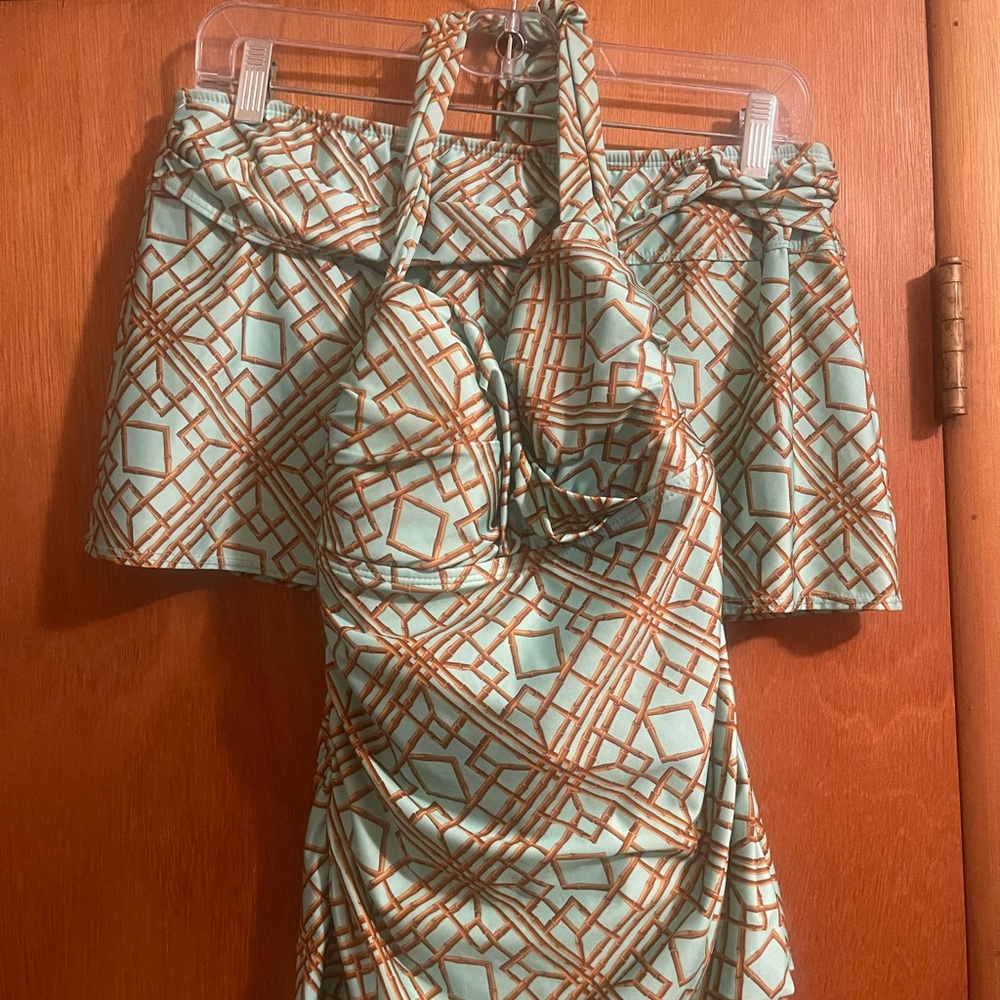 Antonio Melani Womens L Tankini Teal Bamboo Print Built in Bra Halter & Bottom S